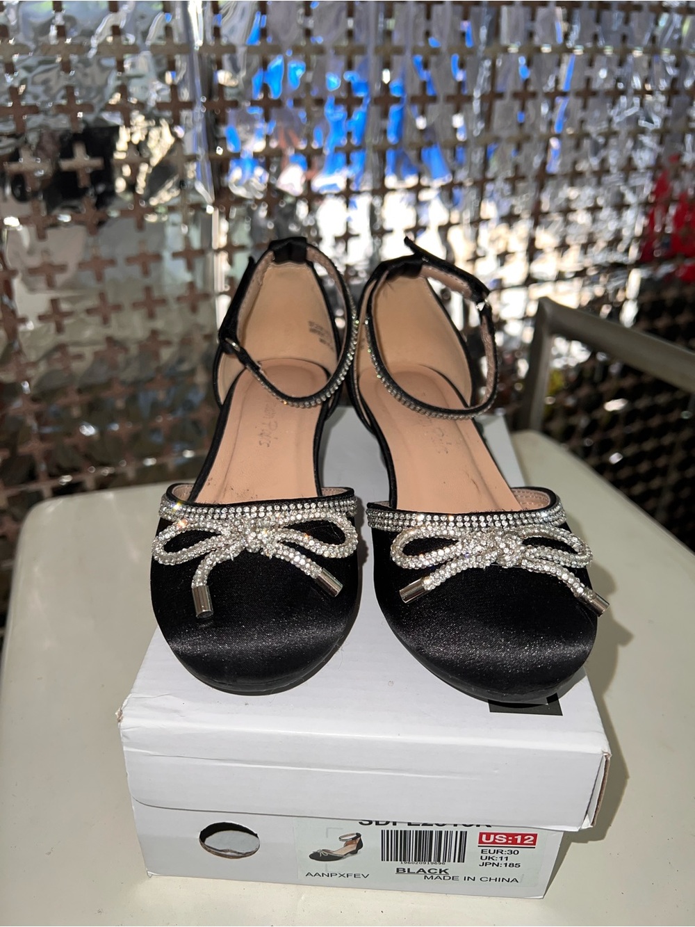 Black Satin Ankle-Strap Flats with Rhinestone Bow